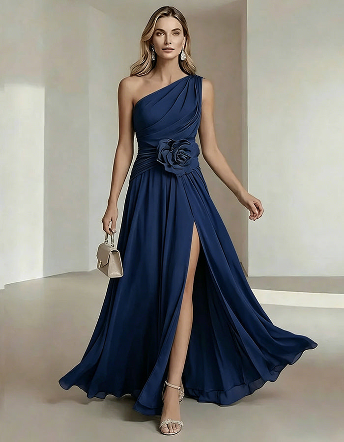 Olive Drab One Shoulder Chiffon Dress With 3D Floral High Slit Maxi Dress