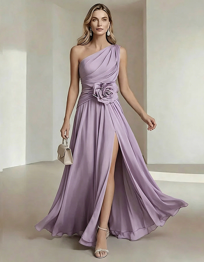 Olive Drab One Shoulder Chiffon Dress With 3D Floral High Slit Maxi Dress