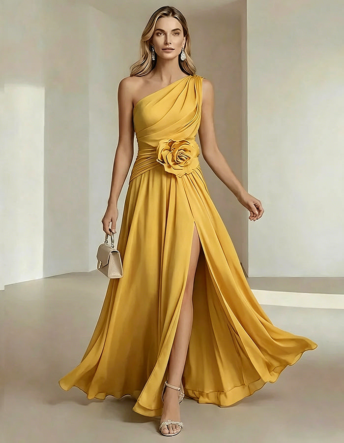 Olive Drab One Shoulder Chiffon Dress With 3D Floral High Slit Maxi Dress