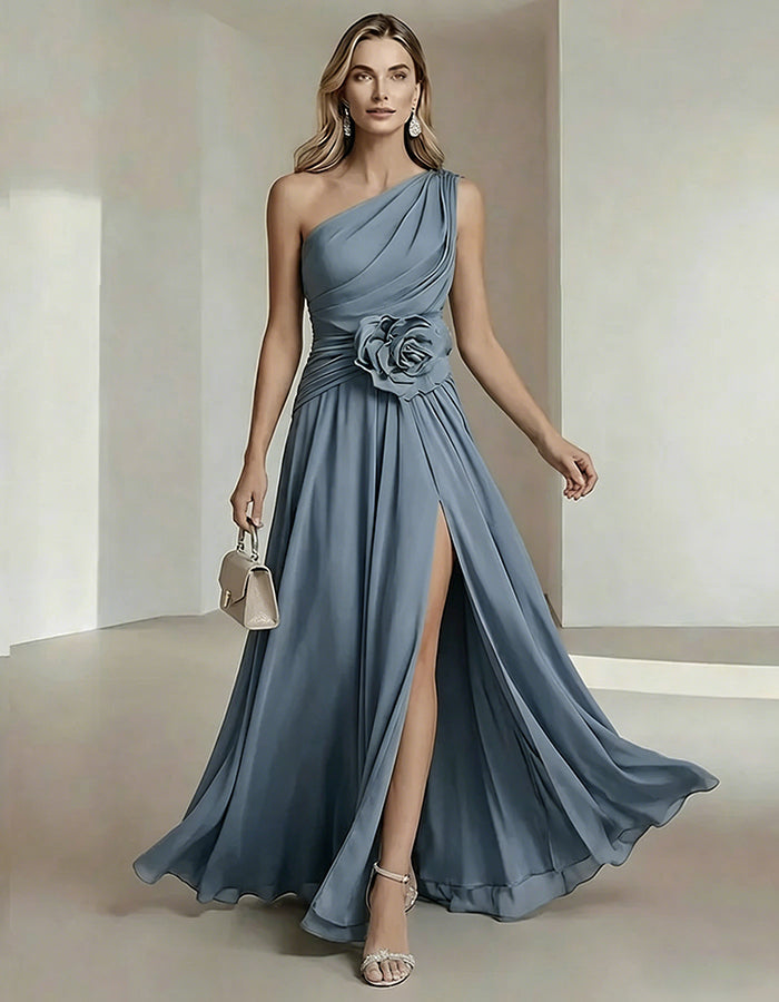 Olive Drab One Shoulder Chiffon Dress With 3D Floral High Slit Maxi Dress