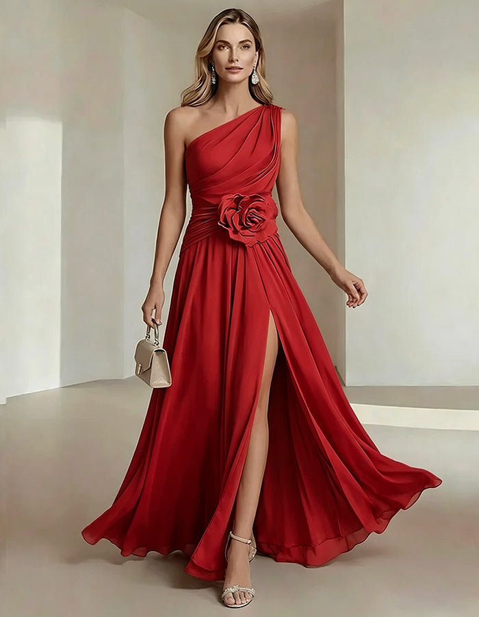 Olive Drab One Shoulder Chiffon Dress With 3D Floral High Slit Maxi Dress
