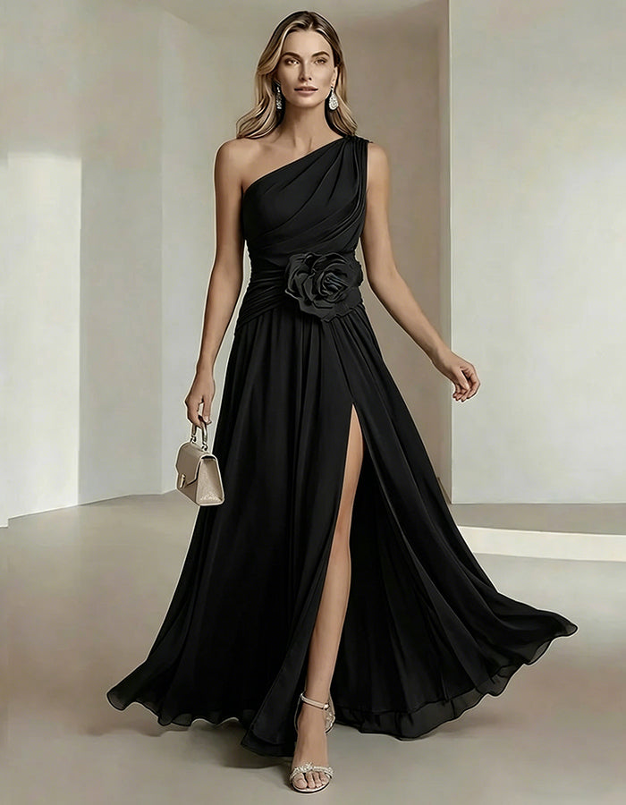 Olive Drab One Shoulder Chiffon Dress With 3D Floral High Slit Maxi Dress