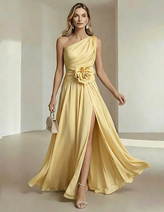 Olive Drab One Shoulder Chiffon Dress With 3D Floral High Slit Maxi Dress
