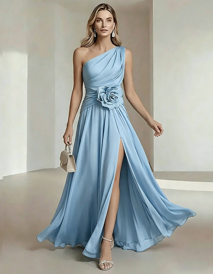 Olive Drab One Shoulder Chiffon Dress With 3D Floral High Slit Maxi Dress