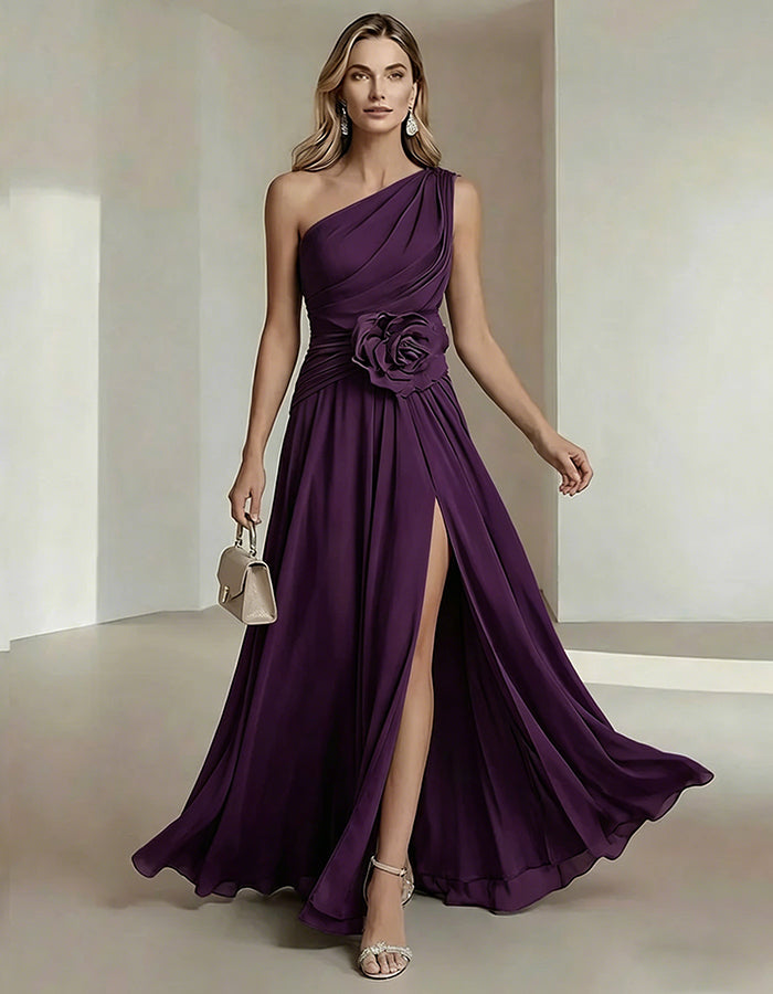 Olive Drab One Shoulder Chiffon Dress With 3D Floral High Slit Maxi Dress