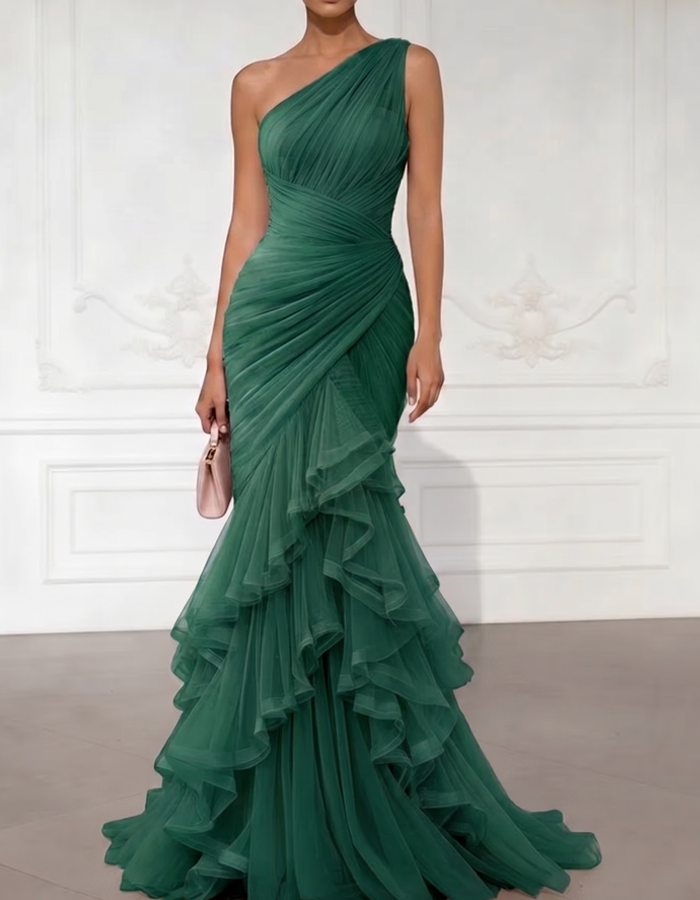 One-Shoulder Draped Tulle Mermaid Gown Maxi Dress