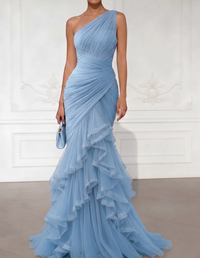 One-Shoulder Draped Tulle Mermaid Gown Maxi Dress