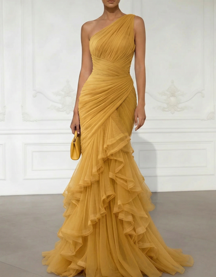 One-Shoulder Draped Tulle Mermaid Gown Maxi Dress