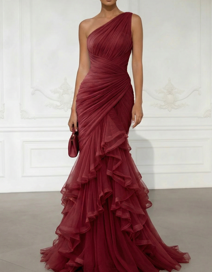 One-Shoulder Draped Tulle Mermaid Gown Maxi Dress