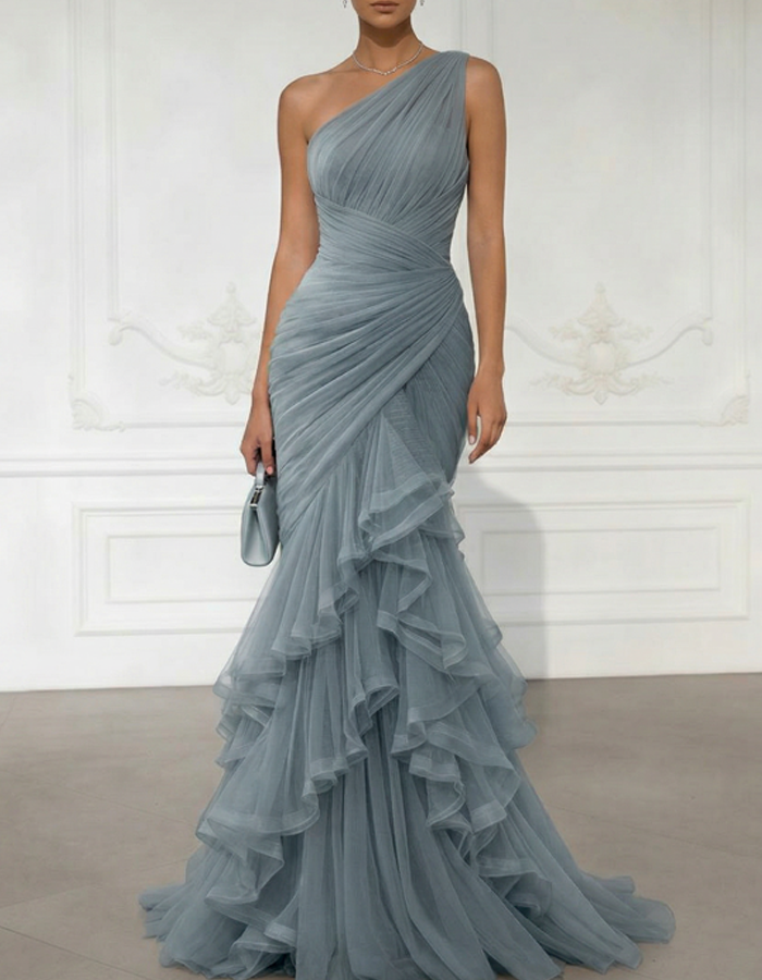 One-Shoulder Draped Tulle Mermaid Gown Maxi Dress