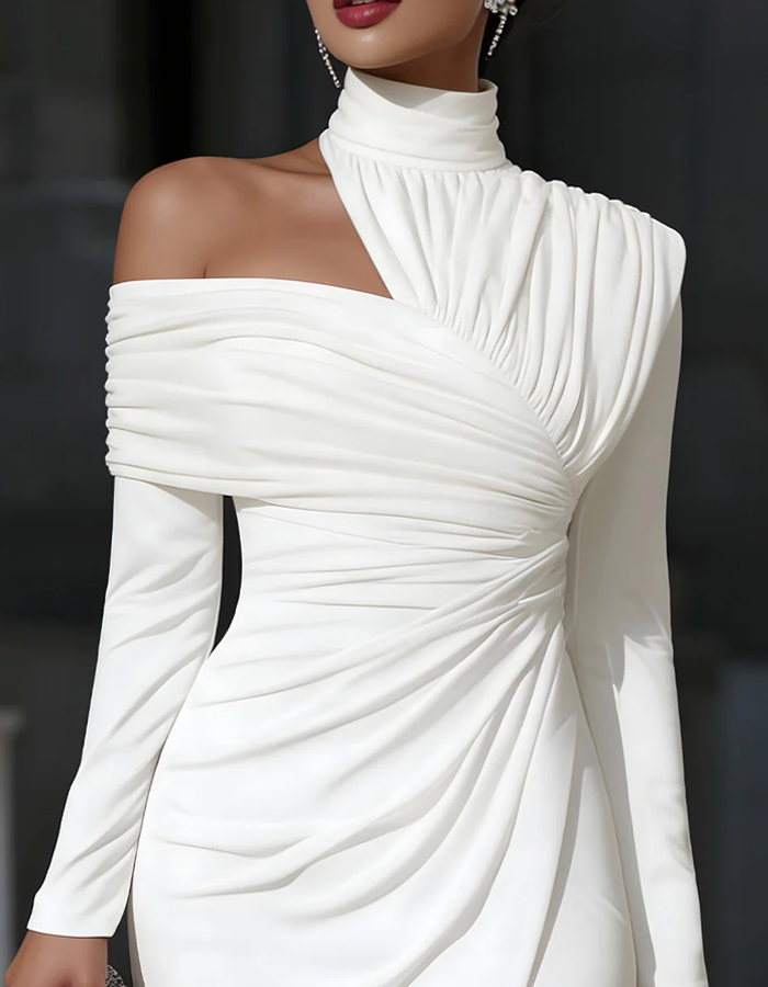 High-neck Pleated Midi Dress