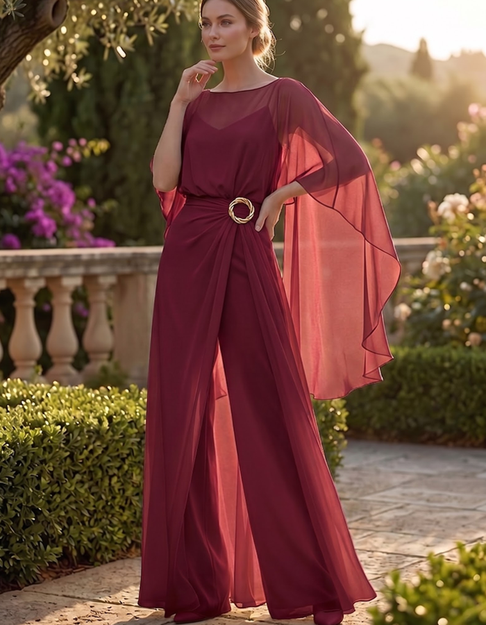 Cape-sleeved Chiffon Wide-leg Jumpsuit