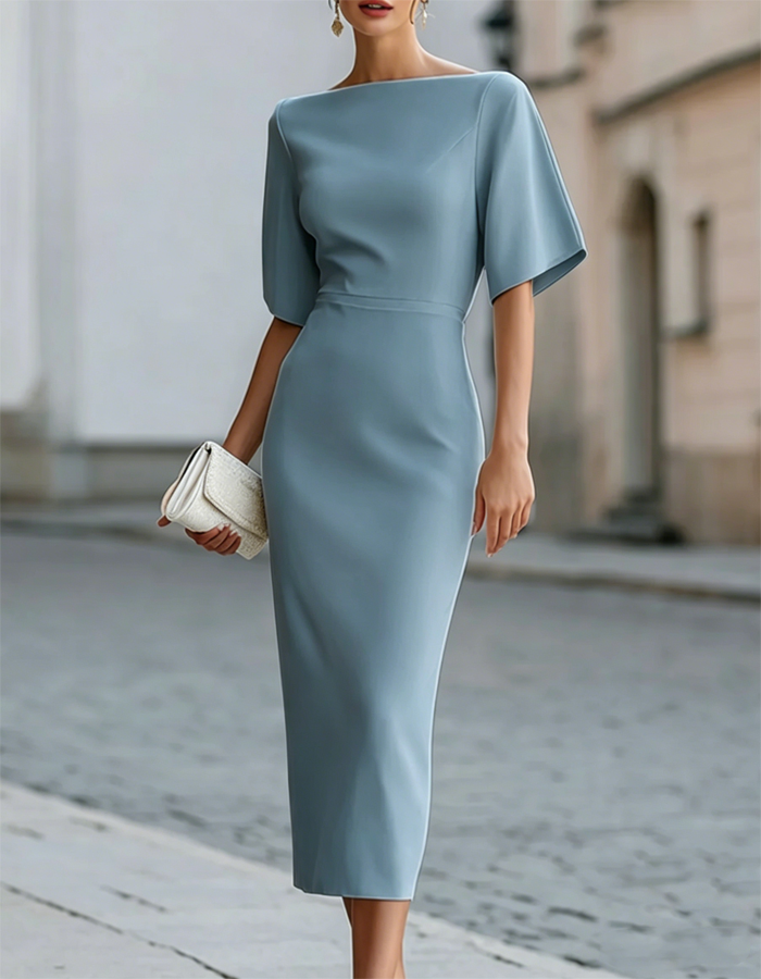 Boat Neck Ruffle Sleeve Midi Dress
