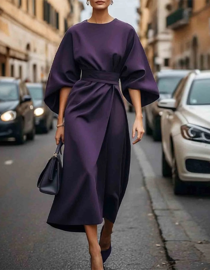 Solid Color Lantern Sleeves With A Cinched Waist Midi Dress
