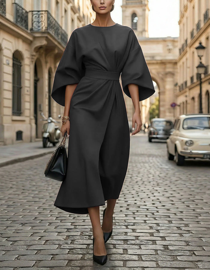 Solid Color Lantern Sleeves With A Cinched Waist Midi Dress