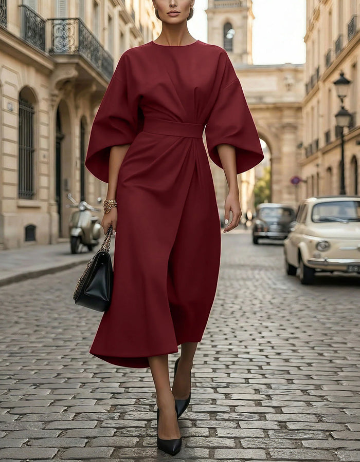 Solid Color Lantern Sleeves With A Cinched Waist Midi Dress