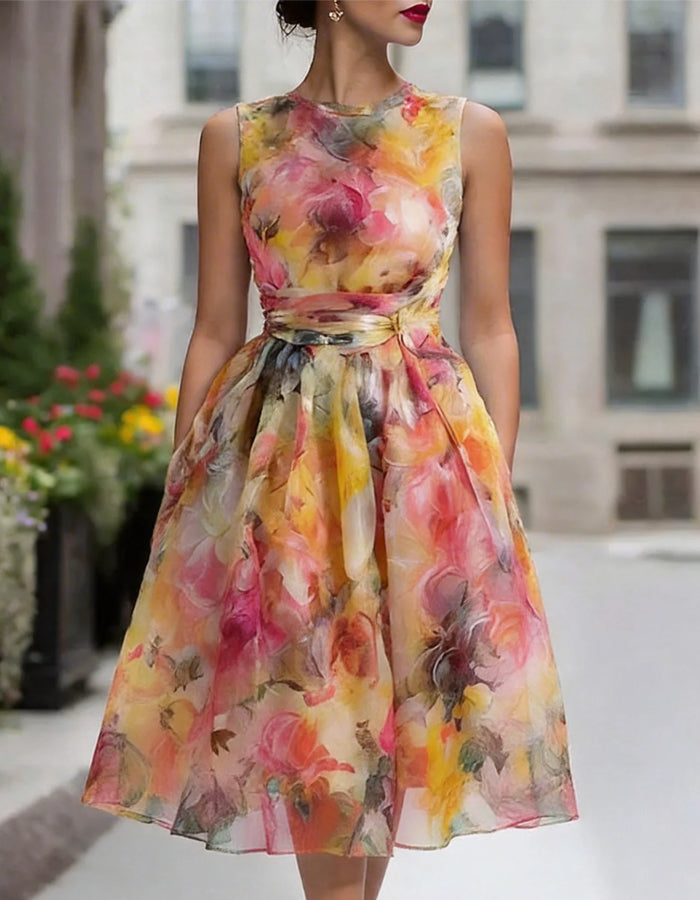 Oil Painting Like Floral Print Sleeveless Fitted Waist Flared Midi Dress