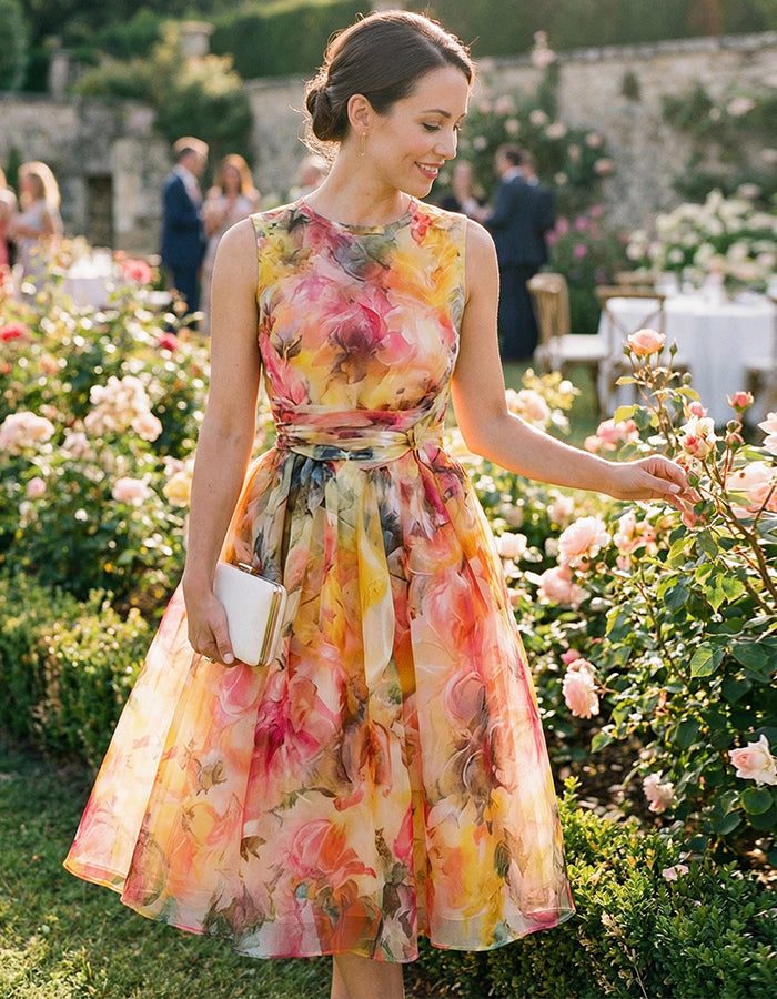 Oil Painting Like Floral Print Sleeveless Fitted Waist Flared Midi Dress