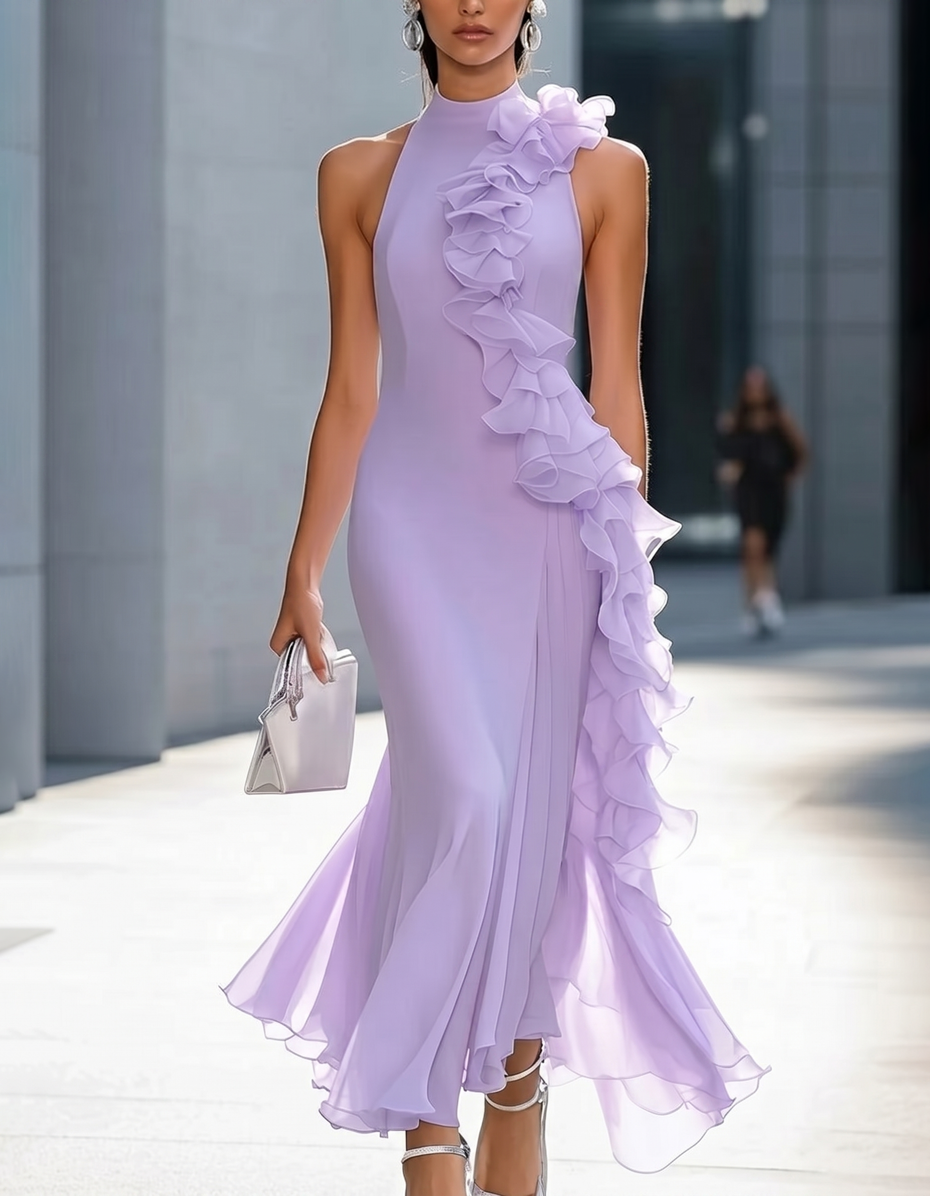 Light Purple Chiffon Halter Neck And Fitted Waist Maxi Dress