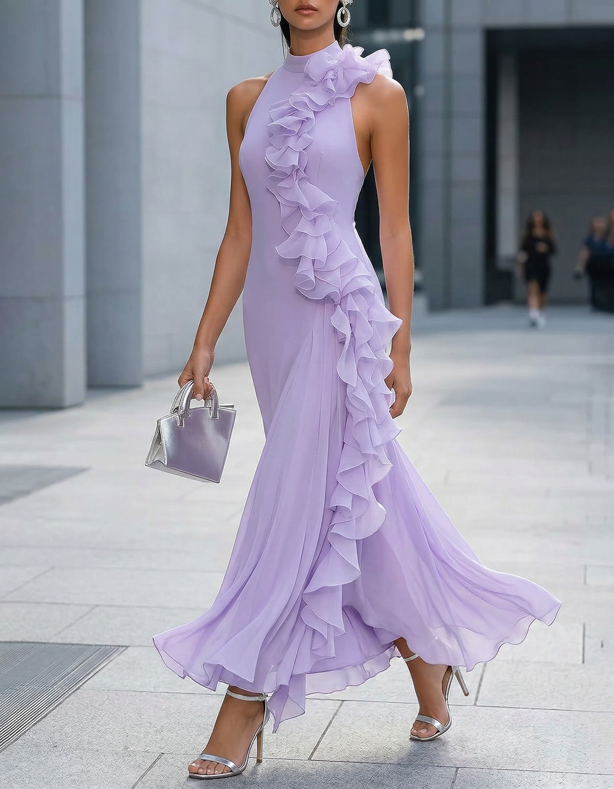 Light Purple Chiffon Halter Neck And Fitted Waist Maxi Dress