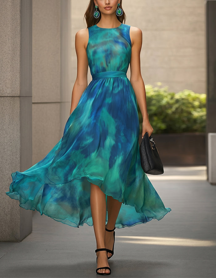 Tie Dye Sleeveless Fitted Waist Irregular Flared Chiffon Maxi Dress