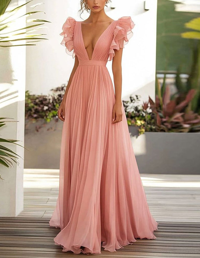 Pink Deep V-Neck Flutter Sleeve Pleated Chiffon Maxi Dress