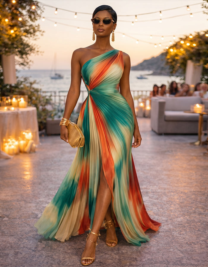Sunset Tie Dye One Shoulder Pleated Chiffon With Slits Maxi Dress