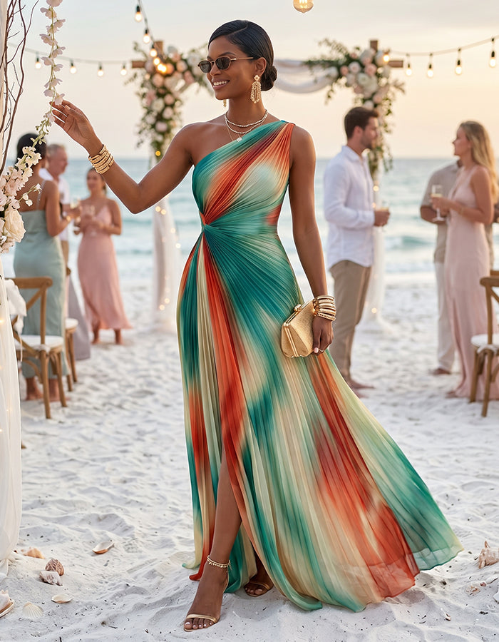Sunset Tie Dye One Shoulder Pleated Chiffon With Slits Maxi Dress