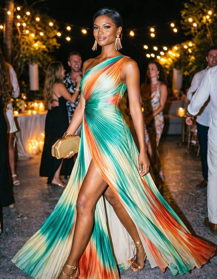 Sunset Tie Dye One Shoulder Pleated Chiffon With Slits Maxi Dress