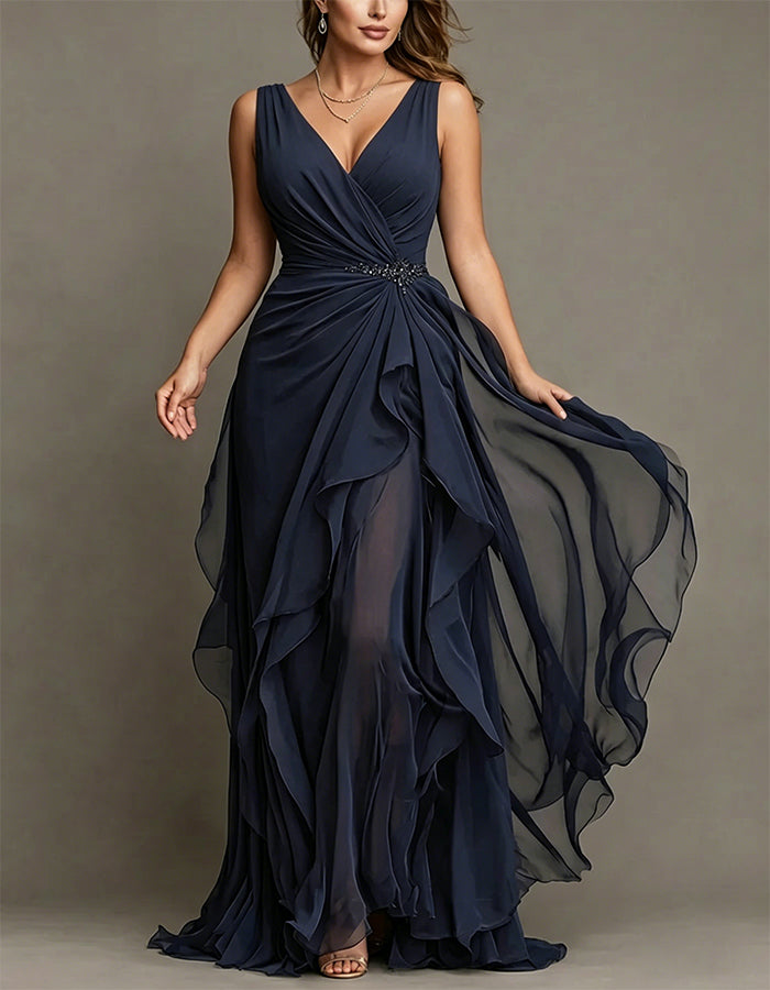 Navy Blue V-Neck Appliqué Draped Chiffon Maxi Dress