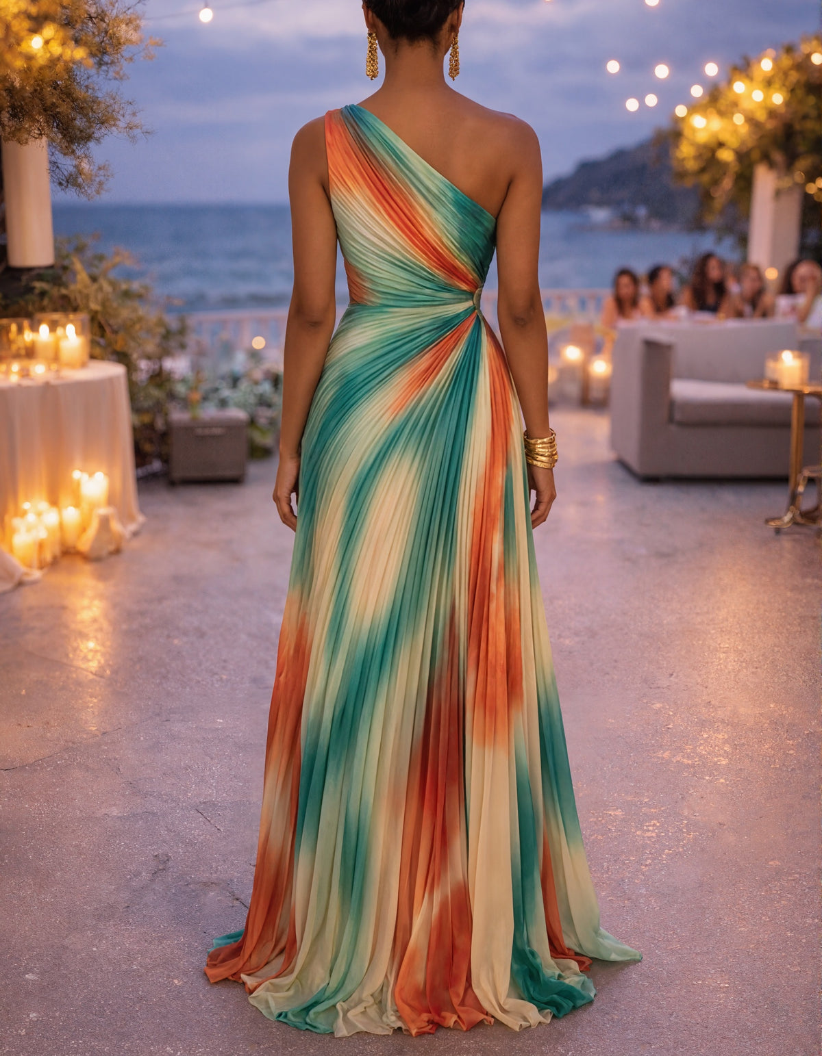 Sunset Tie Dye One Shoulder Pleated Chiffon With Slits Maxi Dress