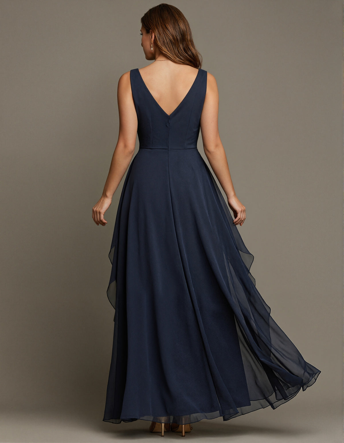 Navy Blue V-Neck Appliqué Draped Chiffon Maxi Dress