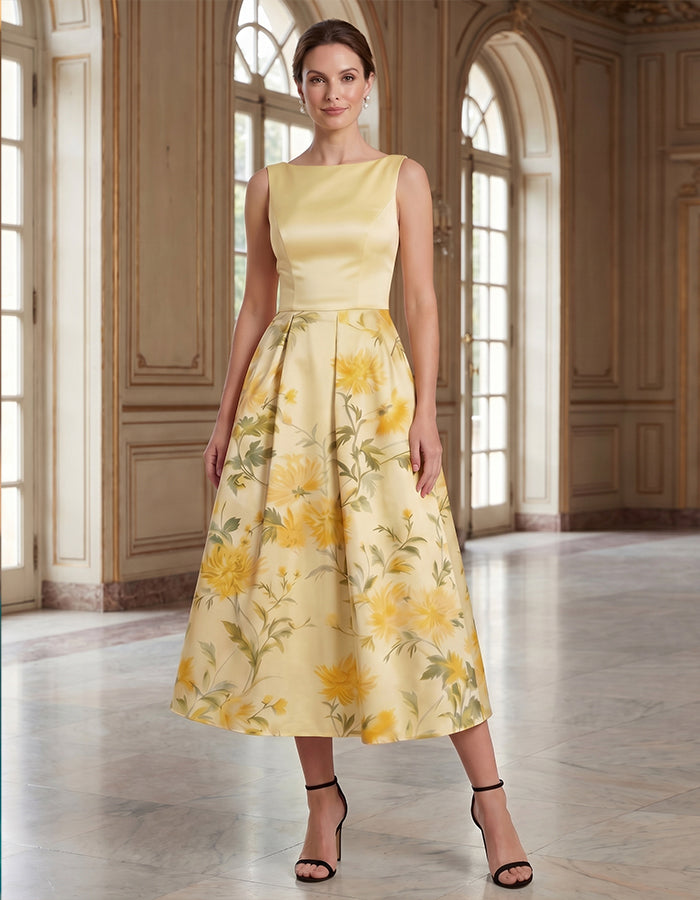 Vestido midi de satén sin mangas con estampado de crisantemo amarillo y cintura ajustada