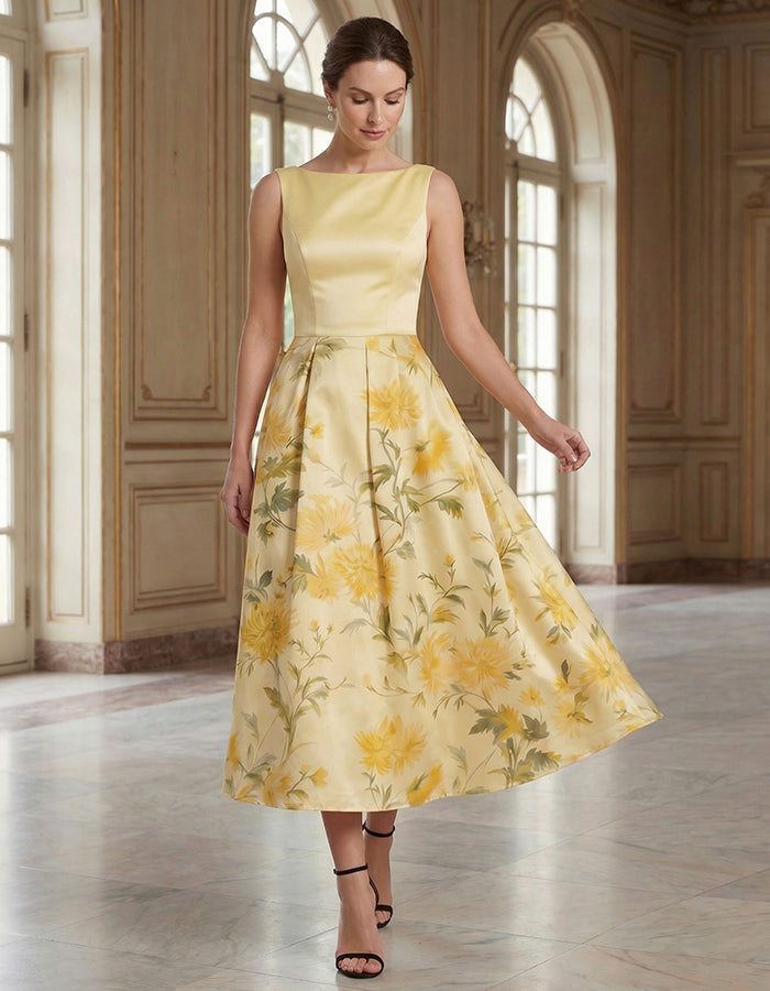Yellow Chrysanthemum Print Sleeveless Fitted Waist Satin Midi Dress