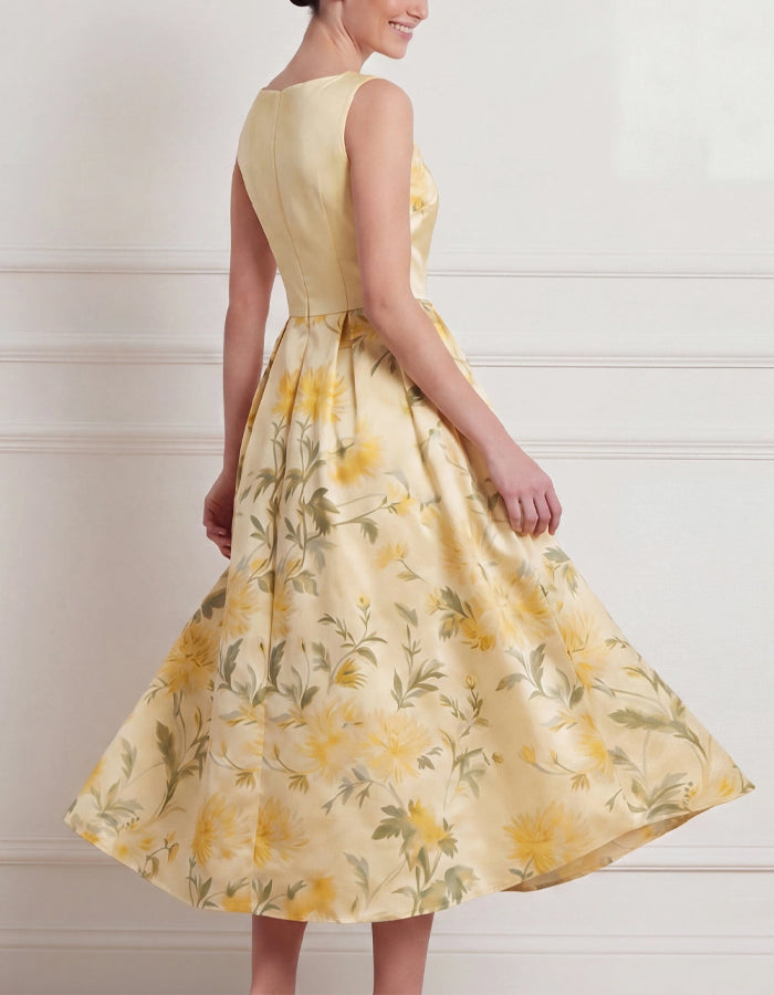 Yellow Chrysanthemum Print Sleeveless Fitted Waist Satin Midi Dress
