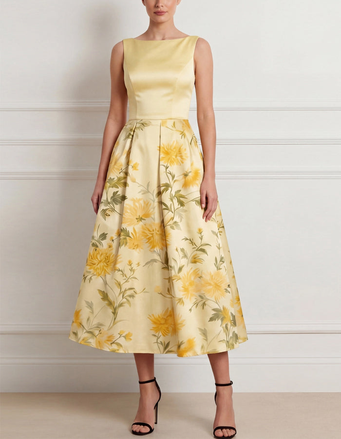 Yellow Chrysanthemum Print Sleeveless Fitted Waist Satin Midi Dress