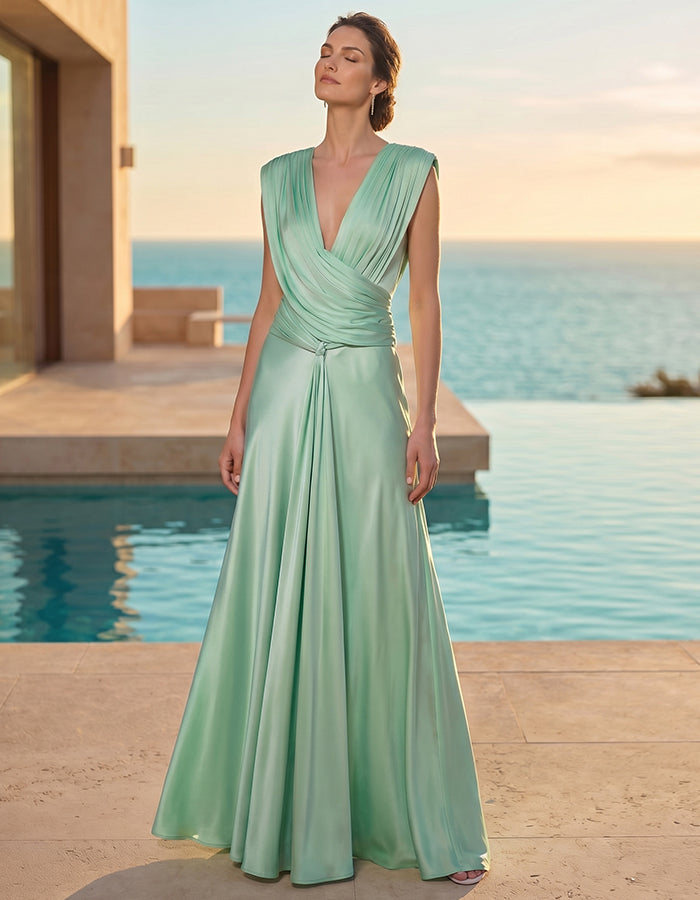 Solid Color Draped Waist Cinching Satin With Shimmering Sheen Maxi Dress