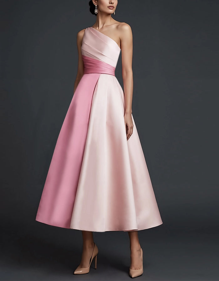 Tonal Contrasting One Shoulder Pleated Satin Midi Dress