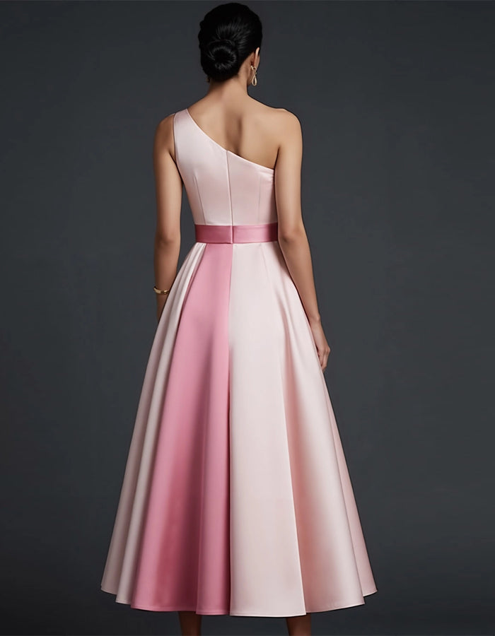 Tonal Contrasting One Shoulder Pleated Satin Midi Dress