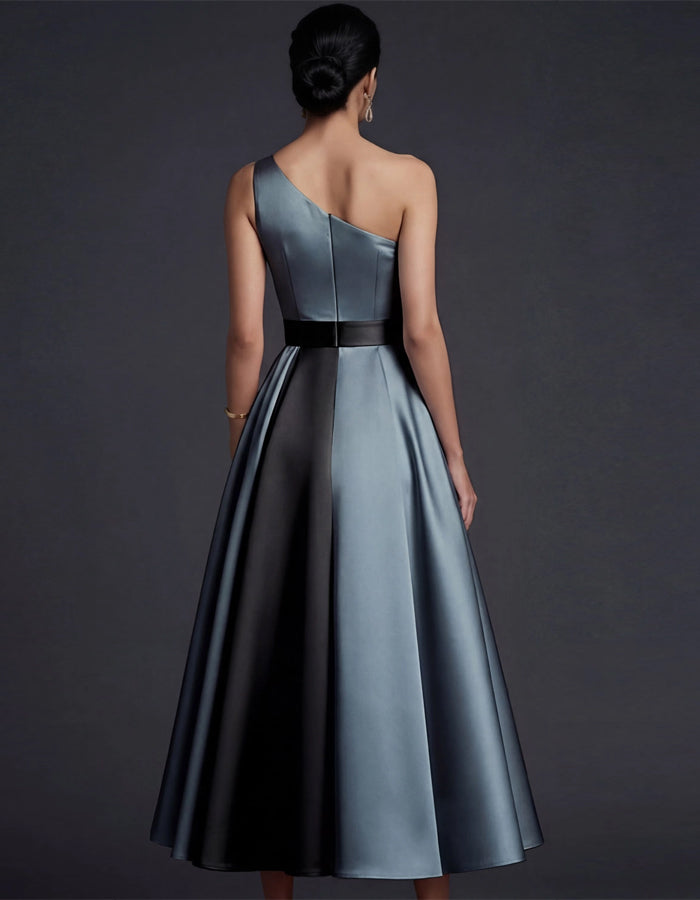 Tonal Contrasting One Shoulder Pleated Satin Midi Dress