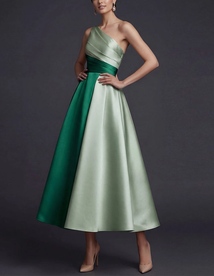 Tonal Contrasting One Shoulder Pleated Satin Midi Dress