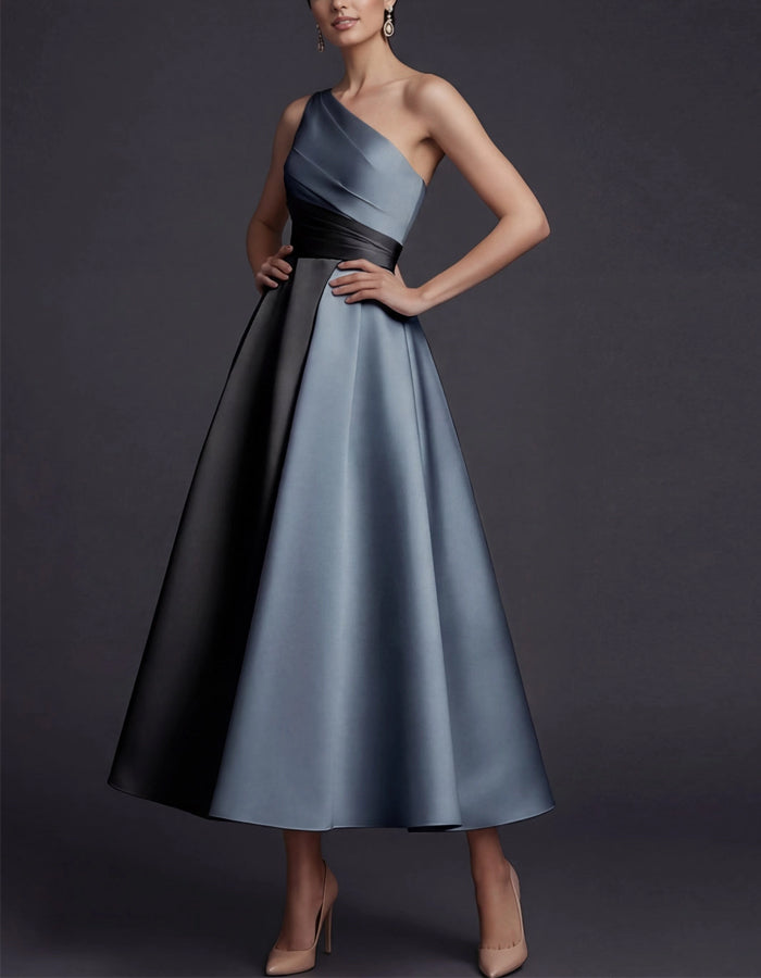 Tonal Contrasting One Shoulder Pleated Satin Midi Dress