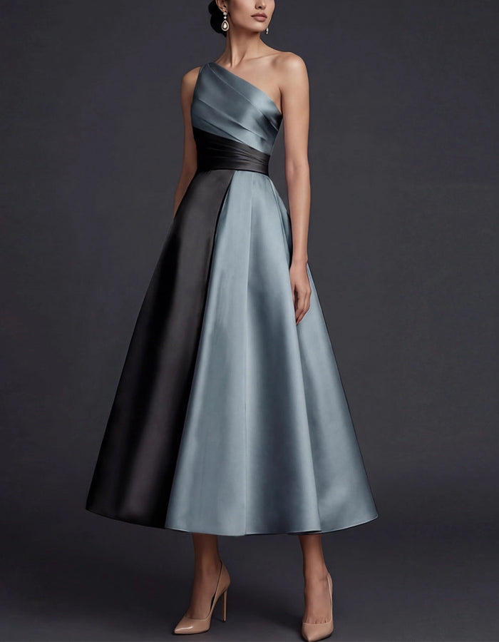 Tonal Contrasting One Shoulder Pleated Satin Midi Dress