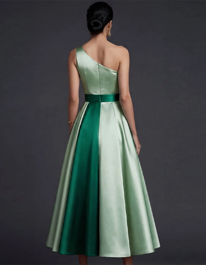 Tonal Contrasting One Shoulder Pleated Satin Midi Dress
