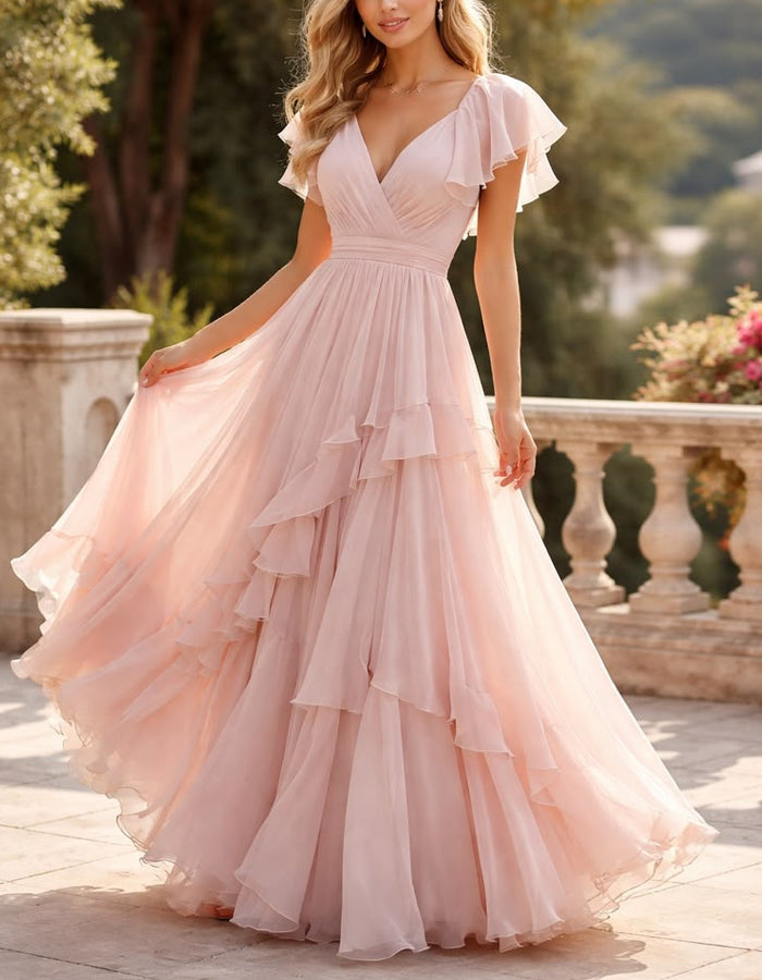 Vestido largo de chifón con cuello de pico, mangas con volantes y capas, color rosa