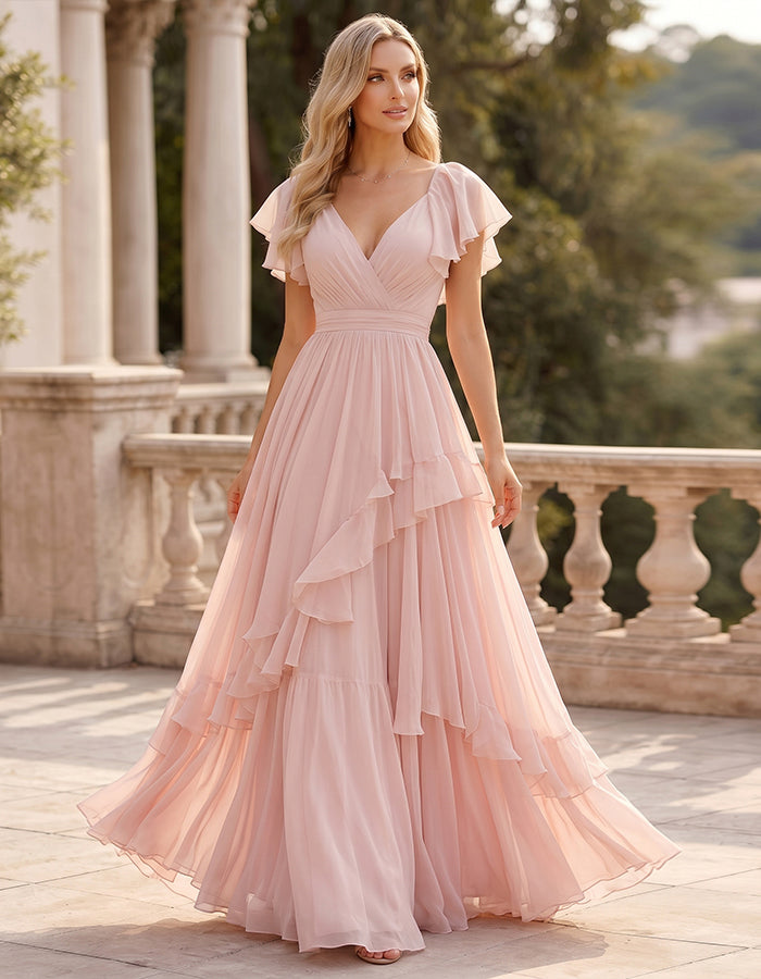 Robe longue en mousseline étagée rose avec décolleté en V et manches à volants
