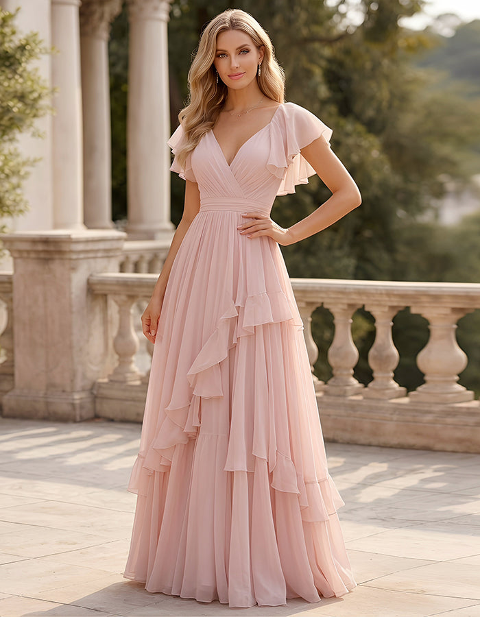 Pink V-Neck Ruffled Sleeves Layered Chiffon Maxi Dress