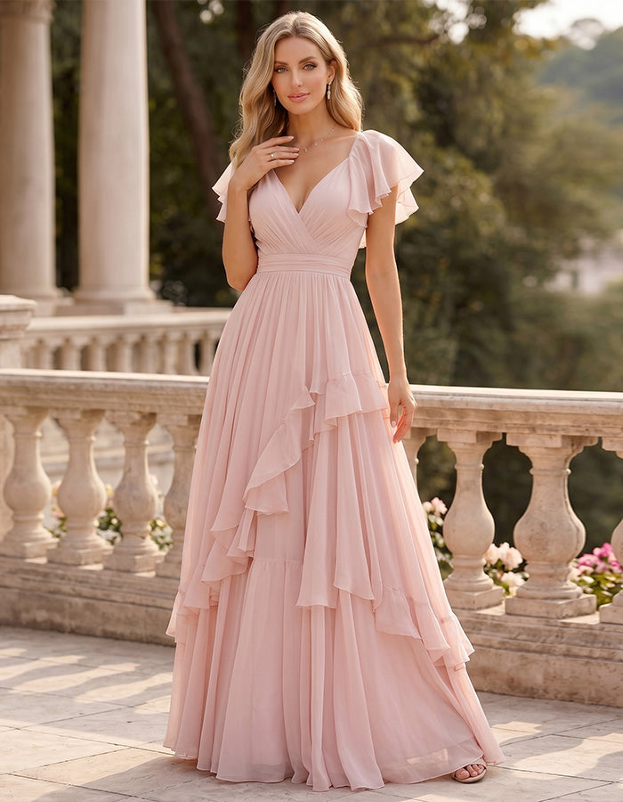 Pink V-Neck Ruffled Sleeves Layered Chiffon Maxi Dress