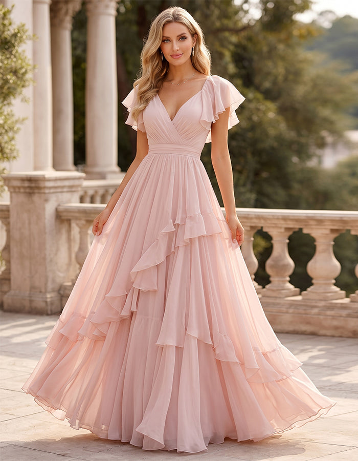 Pink V-Neck Ruffled Sleeves Layered Chiffon Maxi Dress