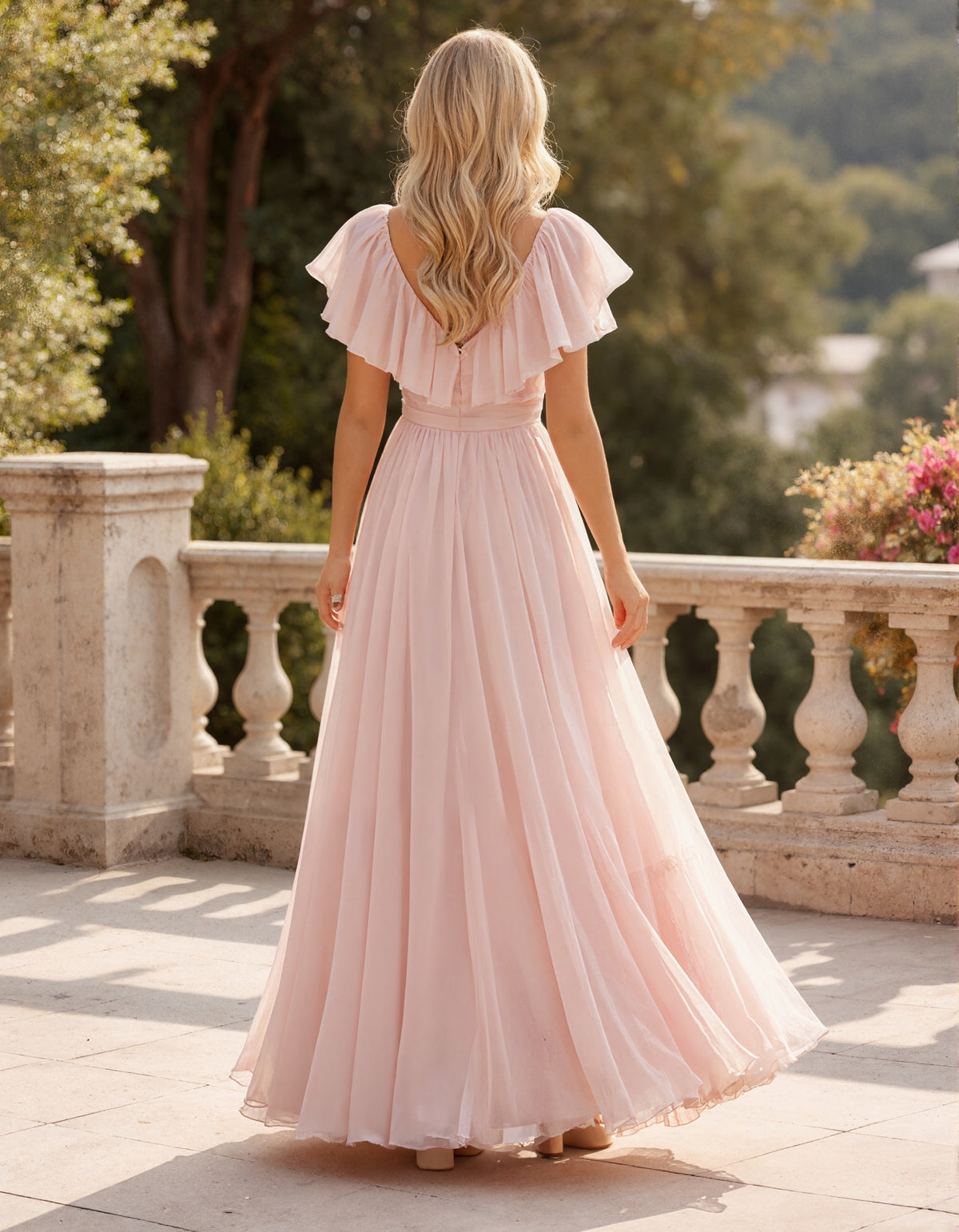 Pink V-Neck Ruffled Sleeves Layered Chiffon Maxi Dress